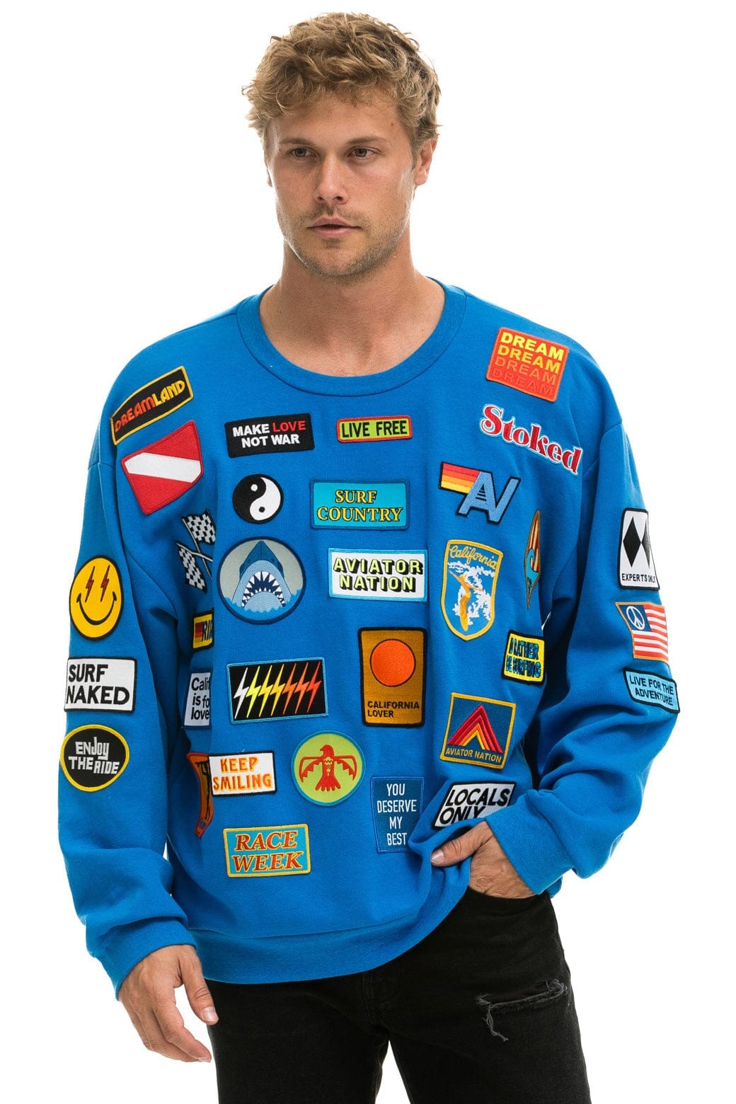 Retro VINTAGE PATCH RELAXED CREW SWEATSHIRT - OCEAN