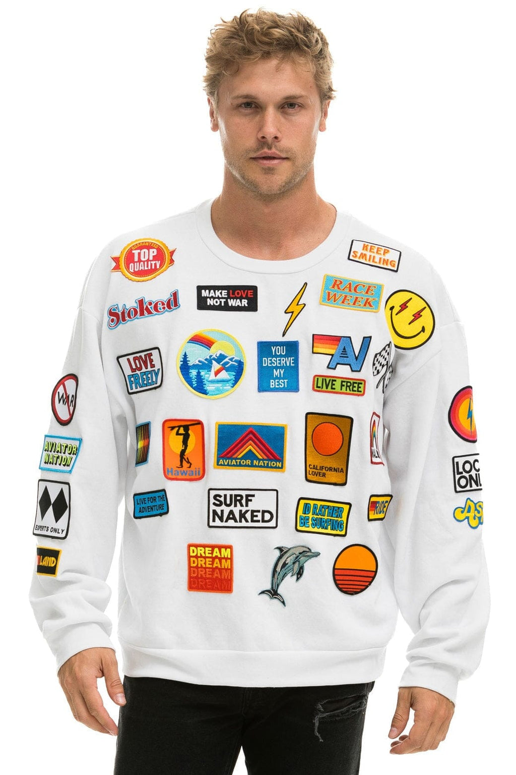 Retro VINTAGE PATCH RELAXED CREW SWEATSHIRT - WHITE