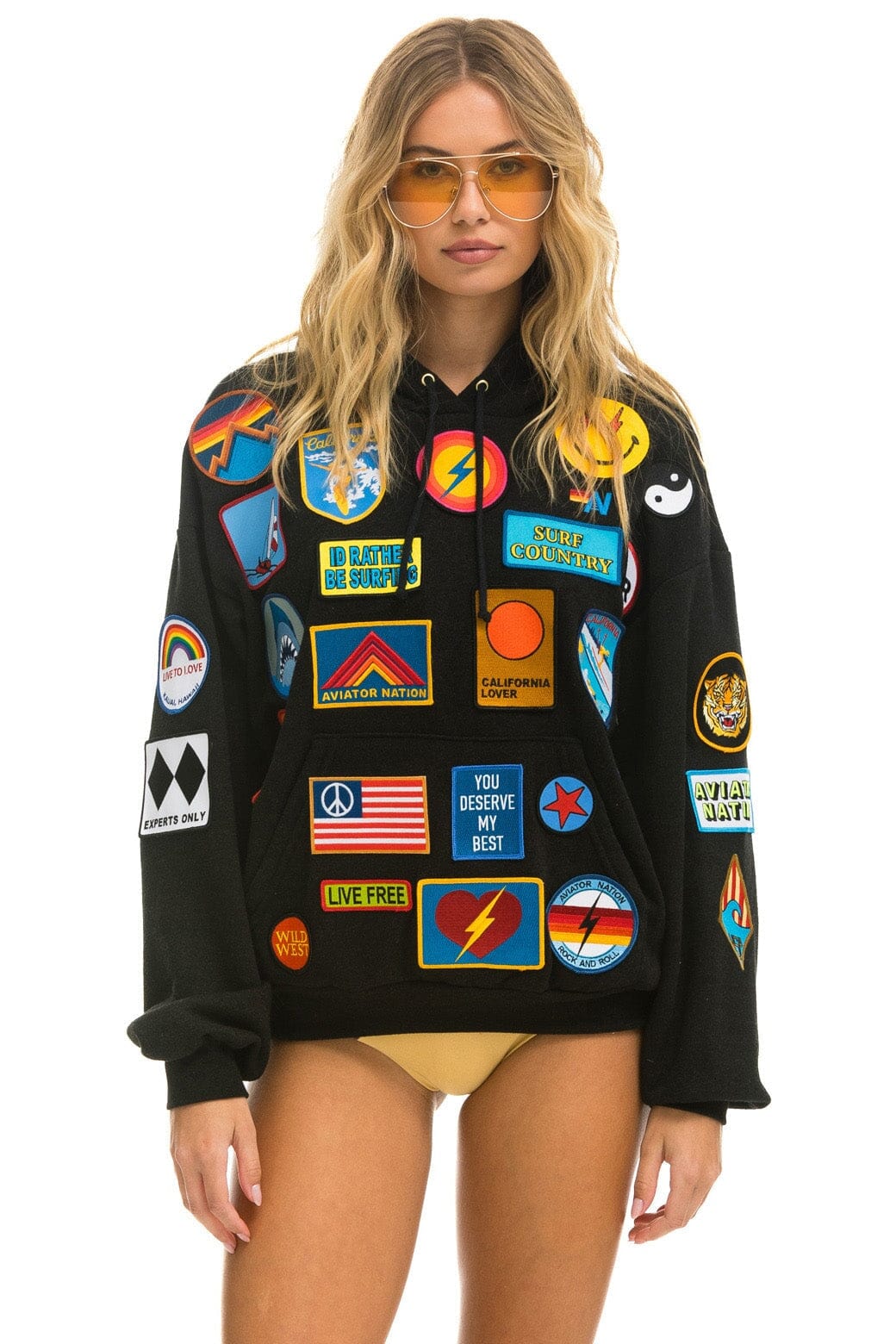 Retro VINTAGE PATCH RELAXED PULLOVER HOODIE- BLACK