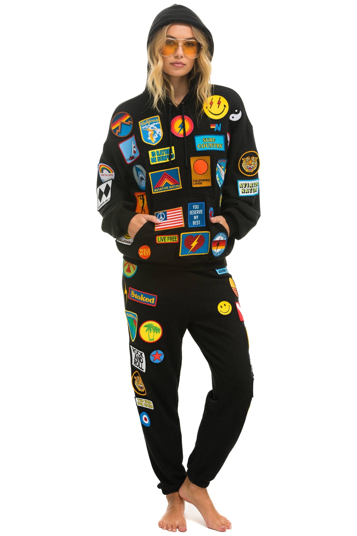 Retro VINTAGE PATCH RELAXED PULLOVER HOODIE- BLACK