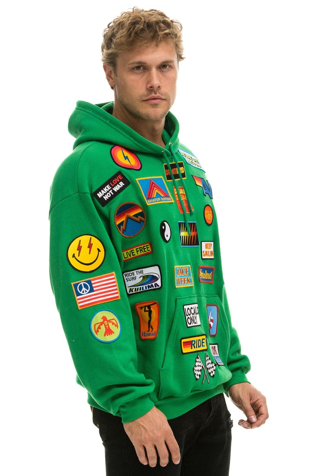 Retro VINTAGE PATCH RELAXED PULLOVER HOODIE- KELLY GREEN