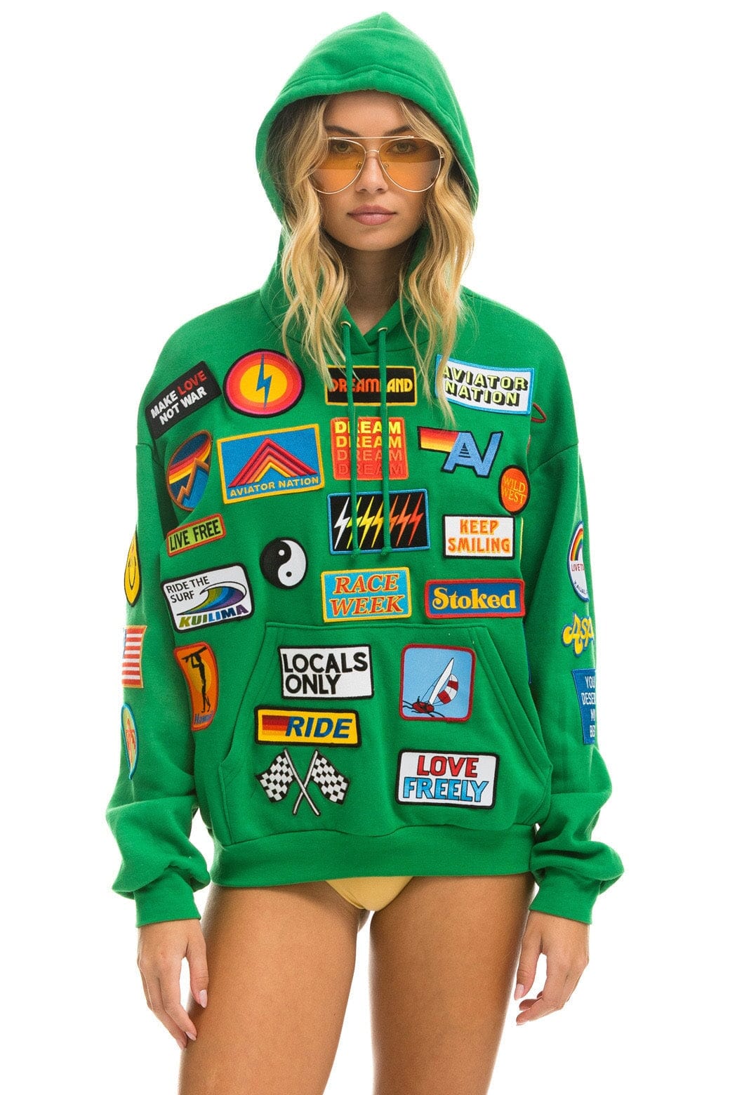 Retro VINTAGE PATCH RELAXED PULLOVER HOODIE- KELLY GREEN