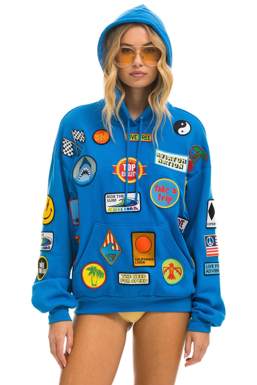 Retro VINTAGE PATCH RELAXED PULLOVER HOODIE- OCEAN