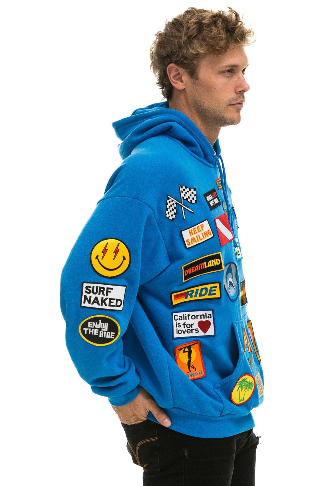 Retro VINTAGE PATCH RELAXED PULLOVER HOODIE- OCEAN