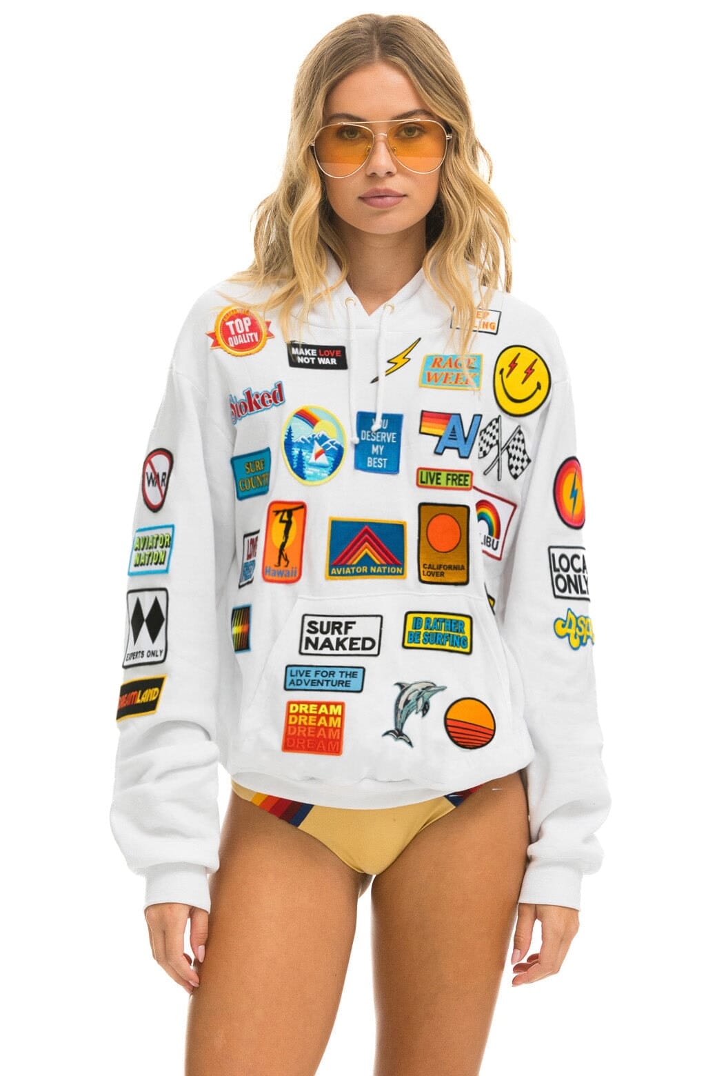 Retro VINTAGE PATCH RELAXED PULLOVER HOODIE- WHITE
