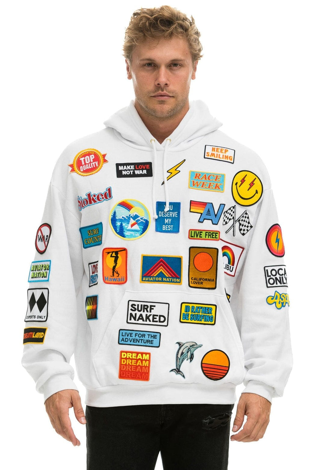 Retro VINTAGE PATCH RELAXED PULLOVER HOODIE- WHITE