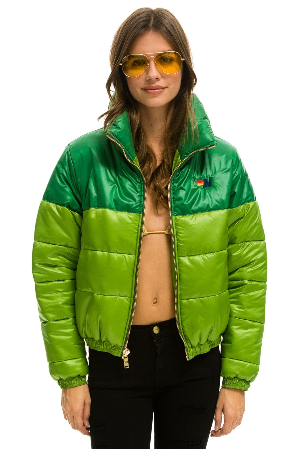 Retro COLOR BLOCK HALF AND HALF APRES PUFFER JACKET - AMAZON GLOSSY
