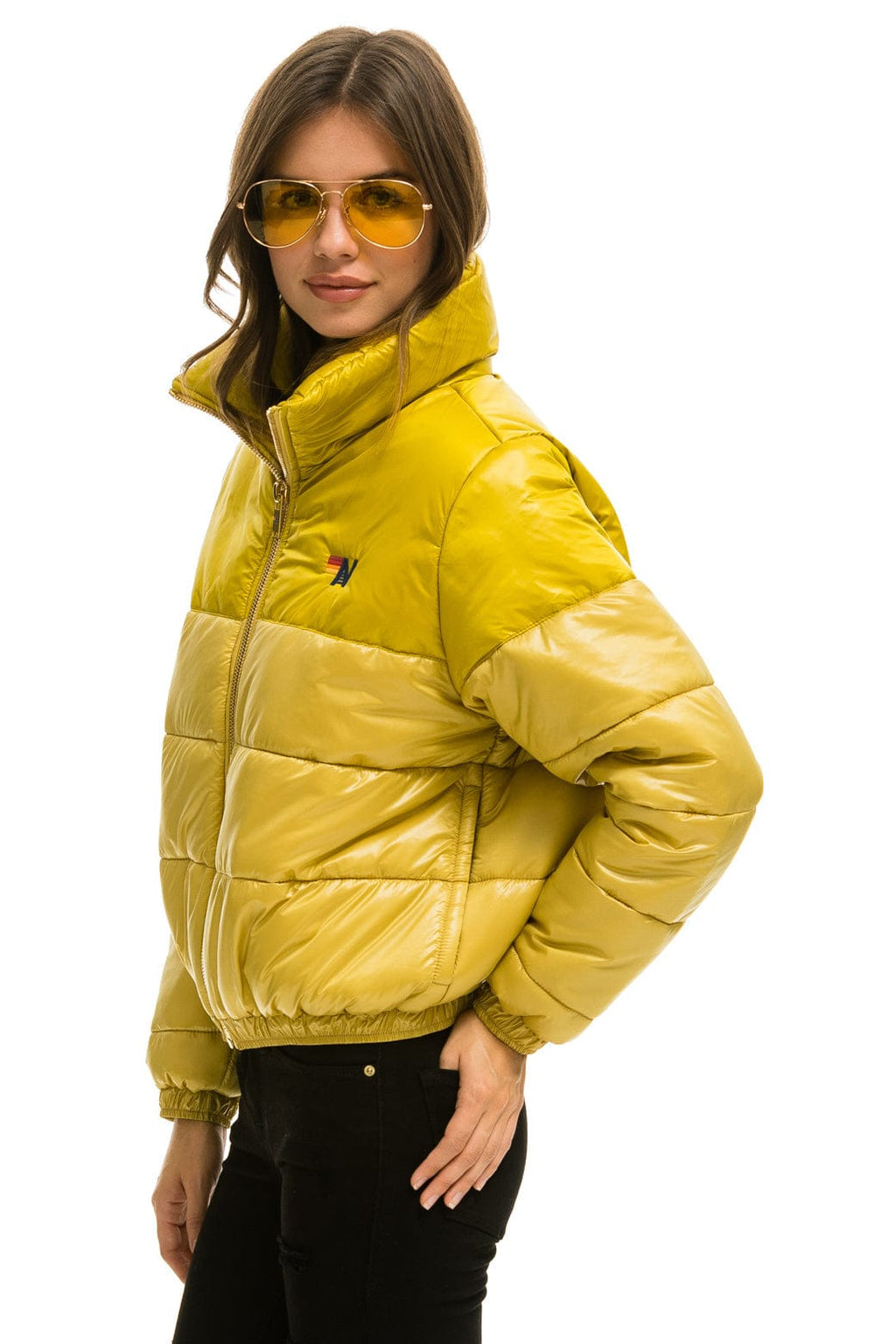 Retro COLOR BLOCK HALF AND HALF APRES PUFFER JACKET - HONEY GLOSSY