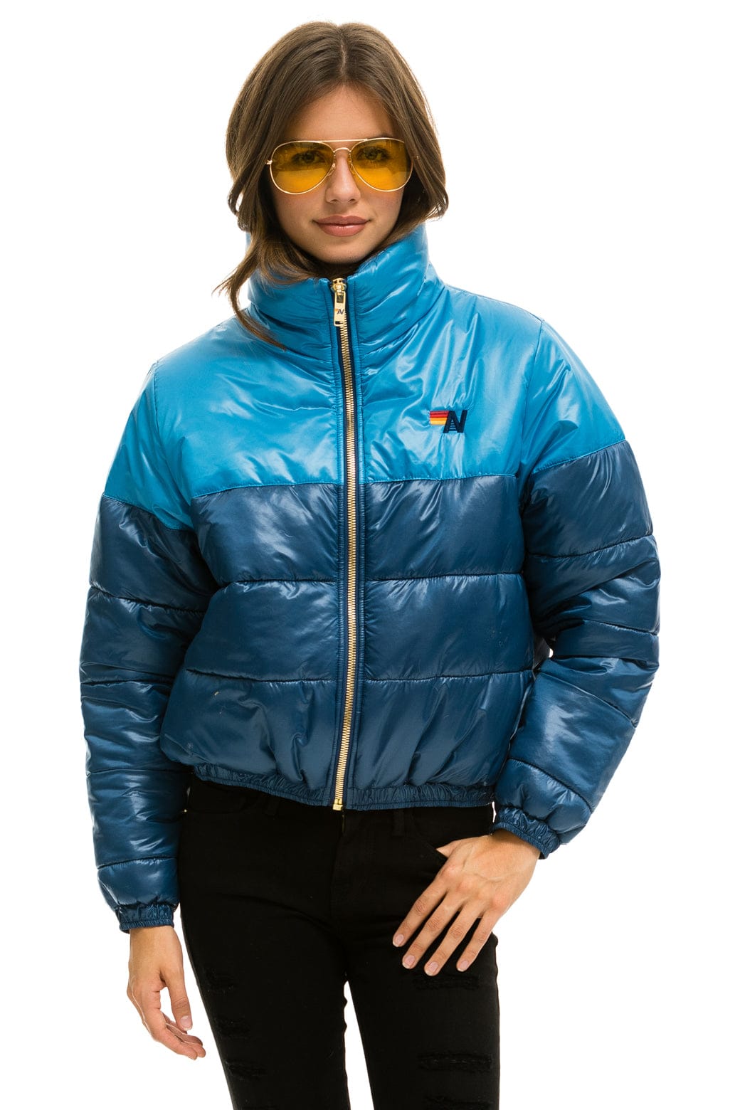 Retro COLOR BLOCK HALF AND HALF APRES PUFFER JACKET - OCEAN GLOSSY