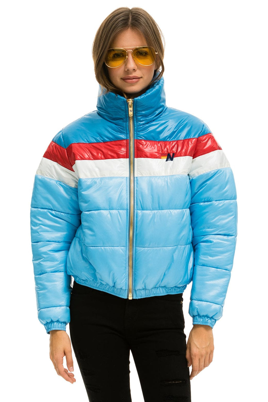 Retro COLOR BLOCK LUXE APRES PUFFER JACKET - SKY GLOSSY