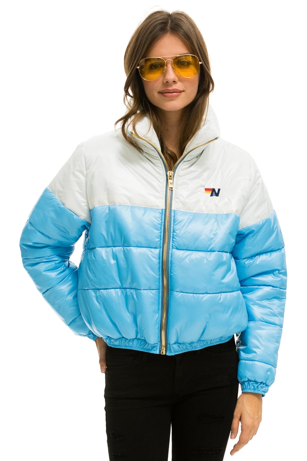 Retro COLOR BLOCK HALF AND HALF APRES PUFFER JACKET - WHITE GLOSSY