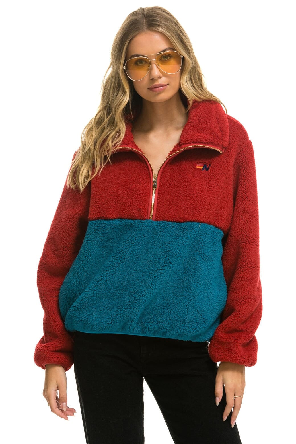 Retro TEDDY APRES HALF ZIP COLOR BLOCK JACKET - CHERRY