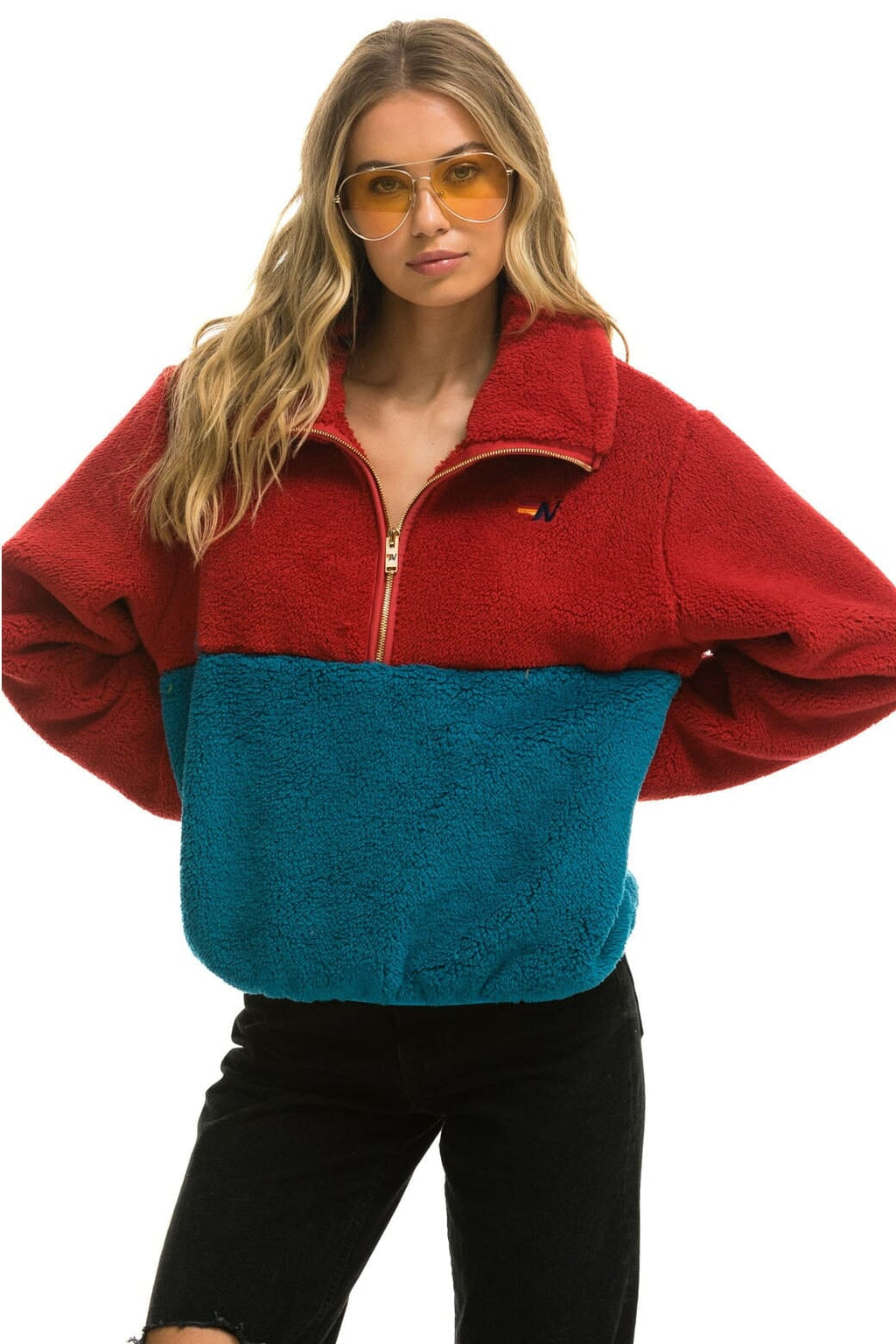 Retro TEDDY APRES HALF ZIP COLOR BLOCK JACKET - CHERRY