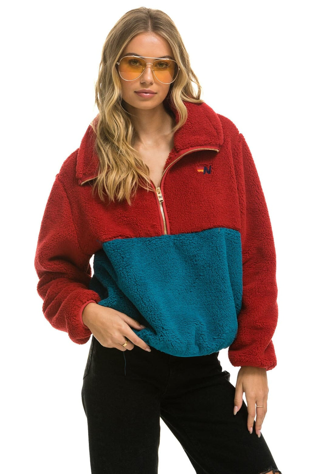 Retro TEDDY APRES HALF ZIP COLOR BLOCK JACKET - CHERRY